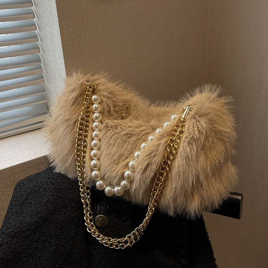 Gold Chain Pearl Fluffy Shoulder Bag
