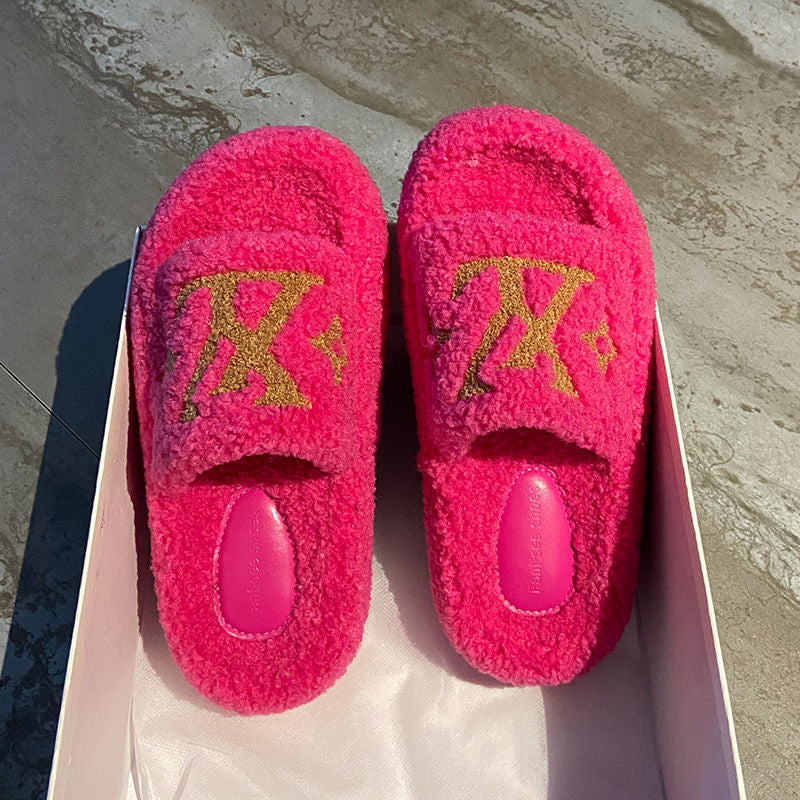 Colorful Warm Plush Fashion Open Toe Platform Sandals Slipper
