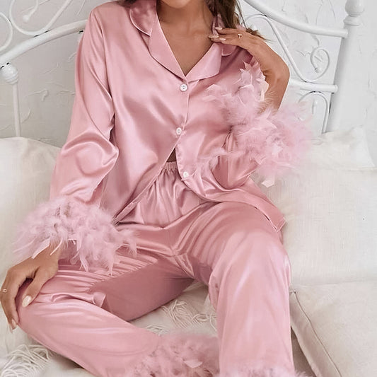Feather Two Piece Sets Long Sleeve Solid Color Silk Lingerie Pajamas